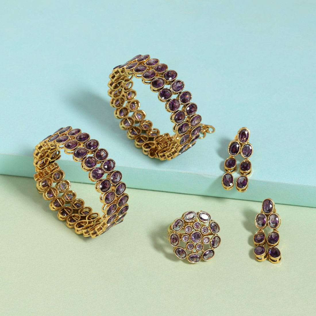 Purple Color 1 Pair Of American Diamond Bracelet & Ring & Earrings (ADB102CMB)