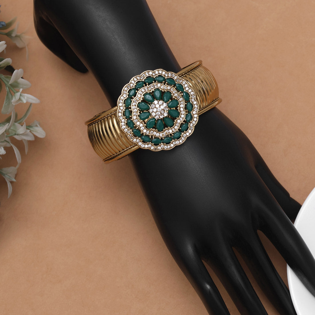 Green Color American Diamond Bracelet With Leaf Inspired Stone Setting