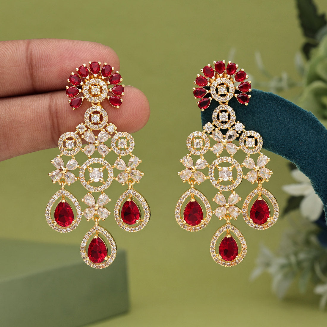 Red Color American Diamond Earrings (ADE564RED)