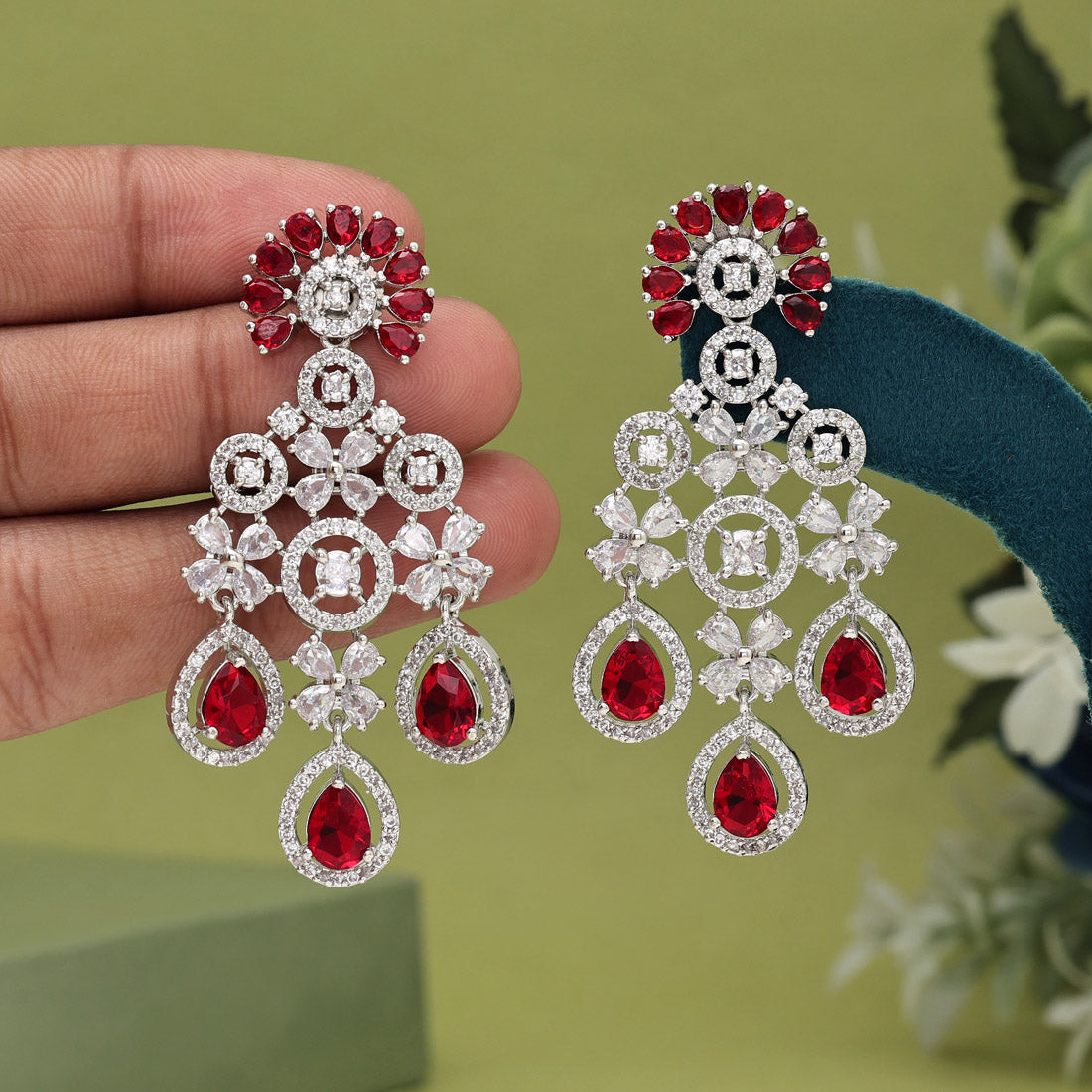Red Color American Diamond Earrings (ADE565RED)