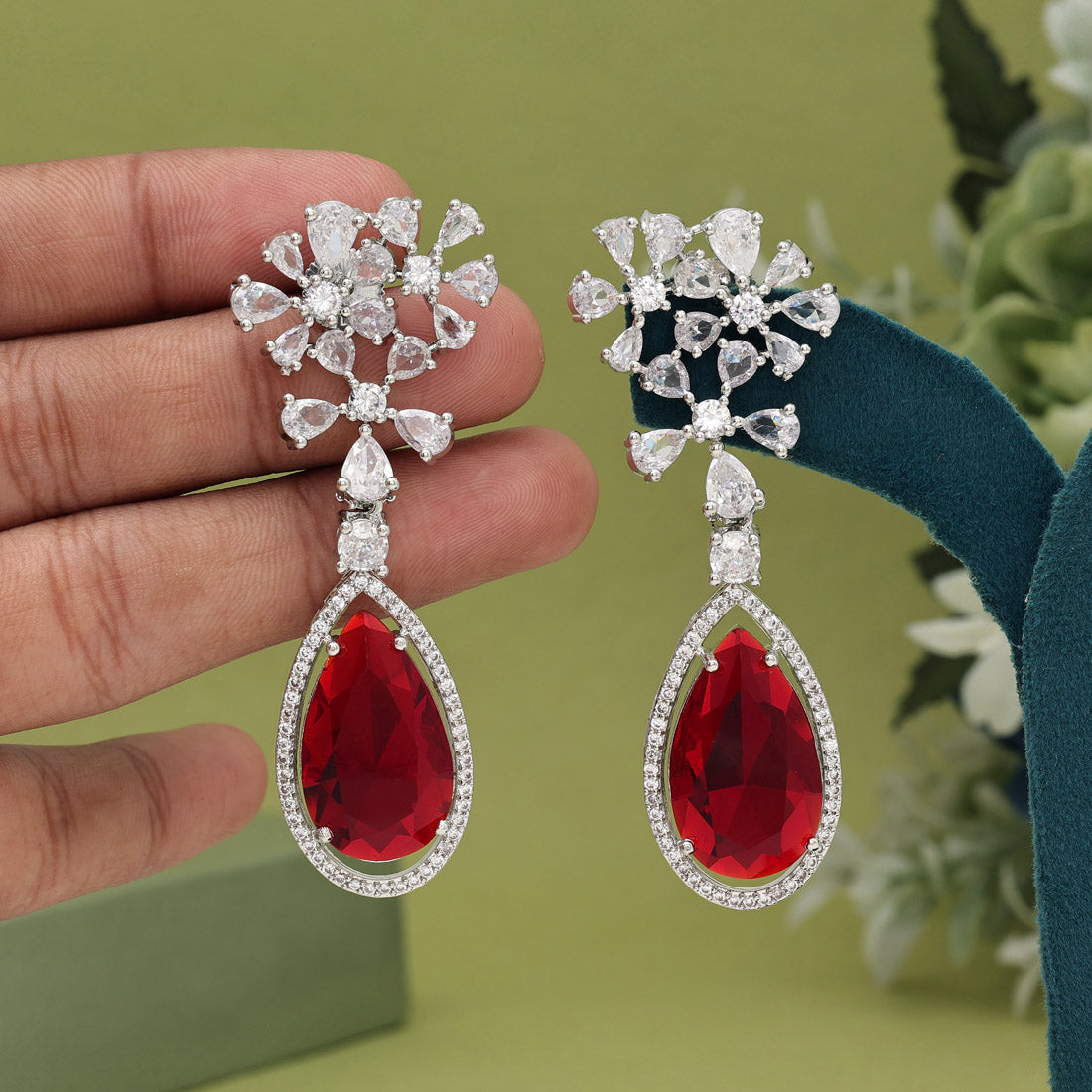 Red Color American Diamond Earrings (ADE566RED)