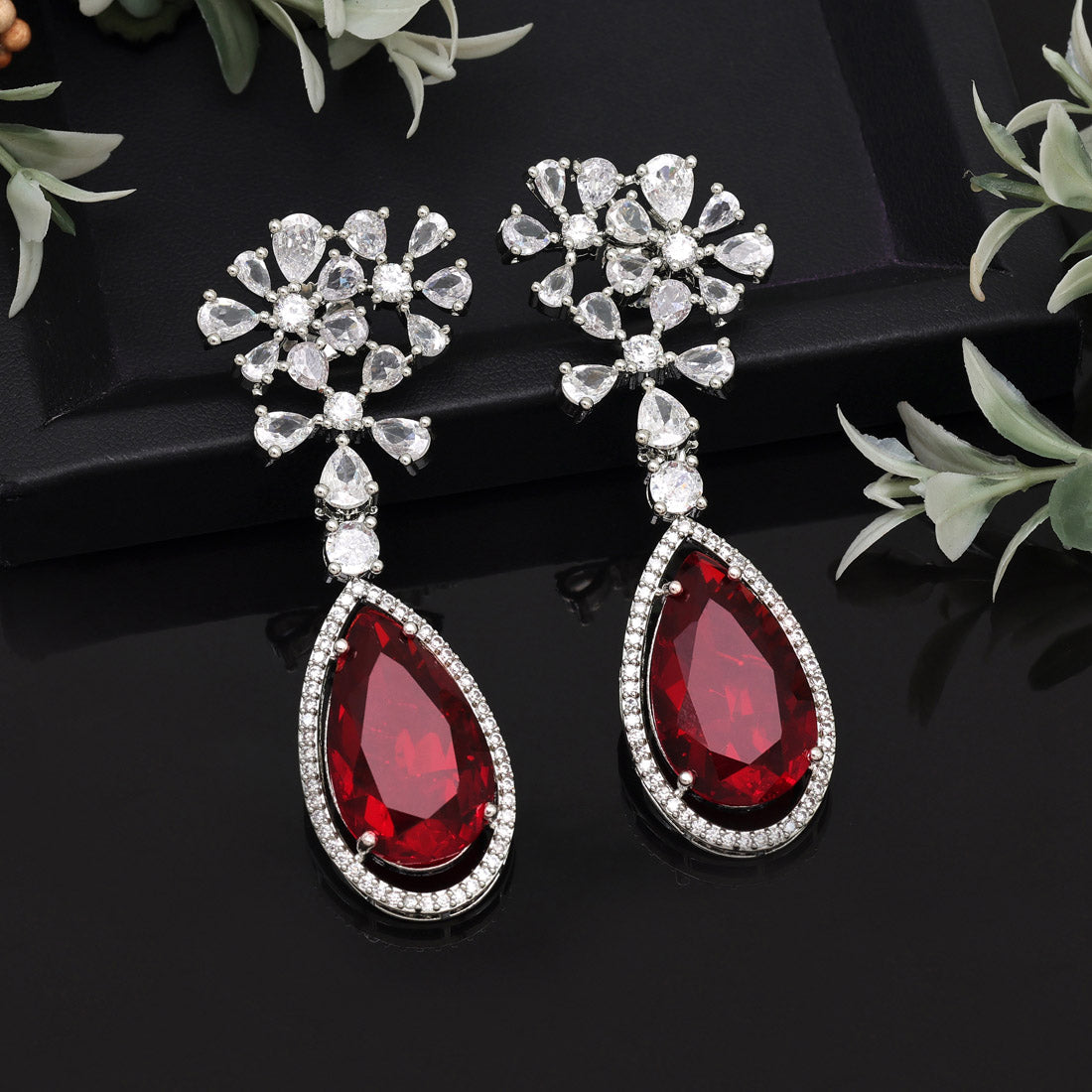 Red Color American Diamond Earrings (ADE566RED)