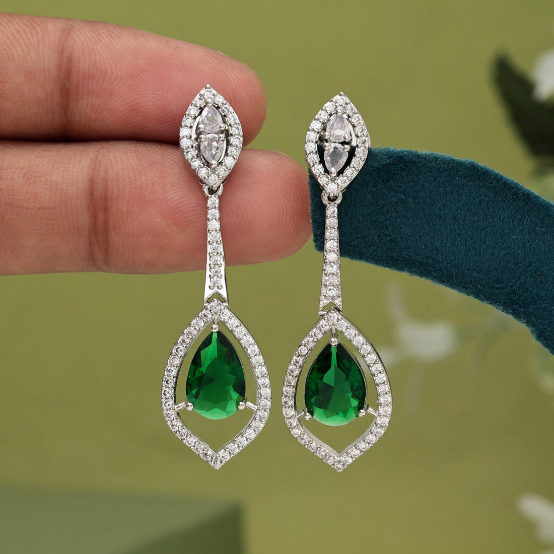 Green Color American Diamond Earrings (ADE567GRN)