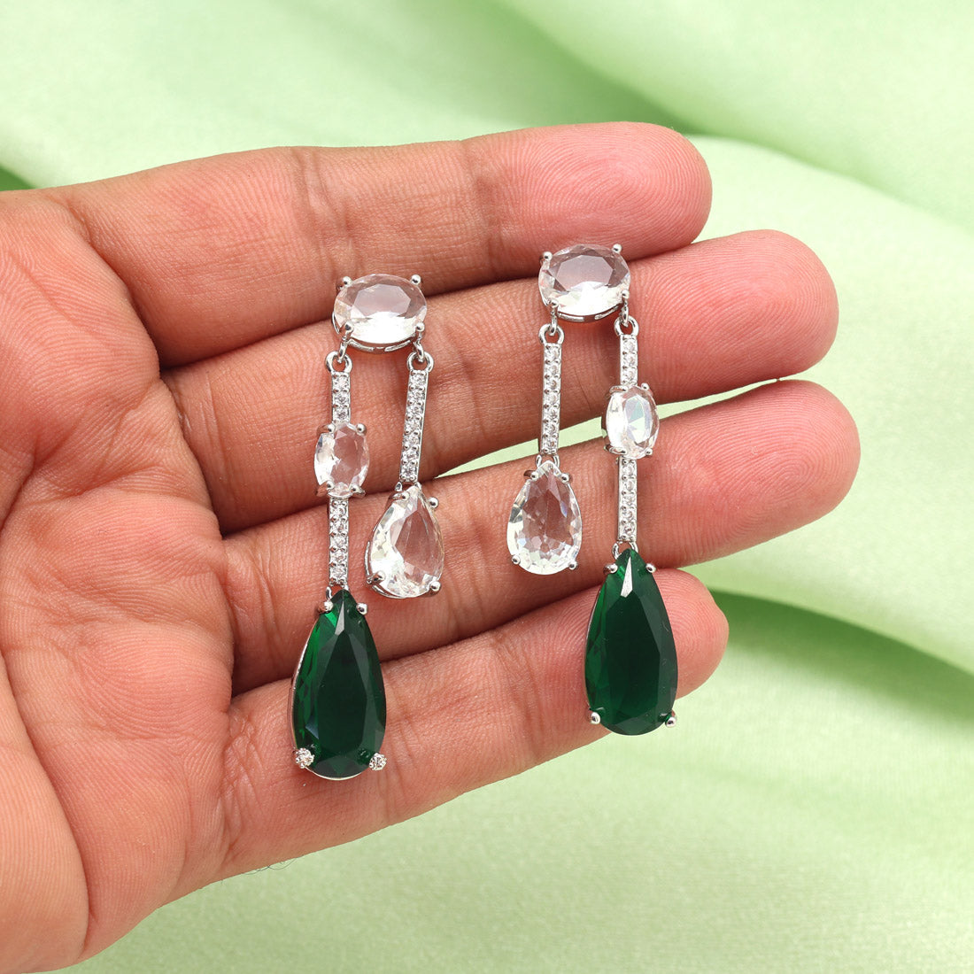 Green & White Color American Diamond Earrings (ADE587GRNWHT)