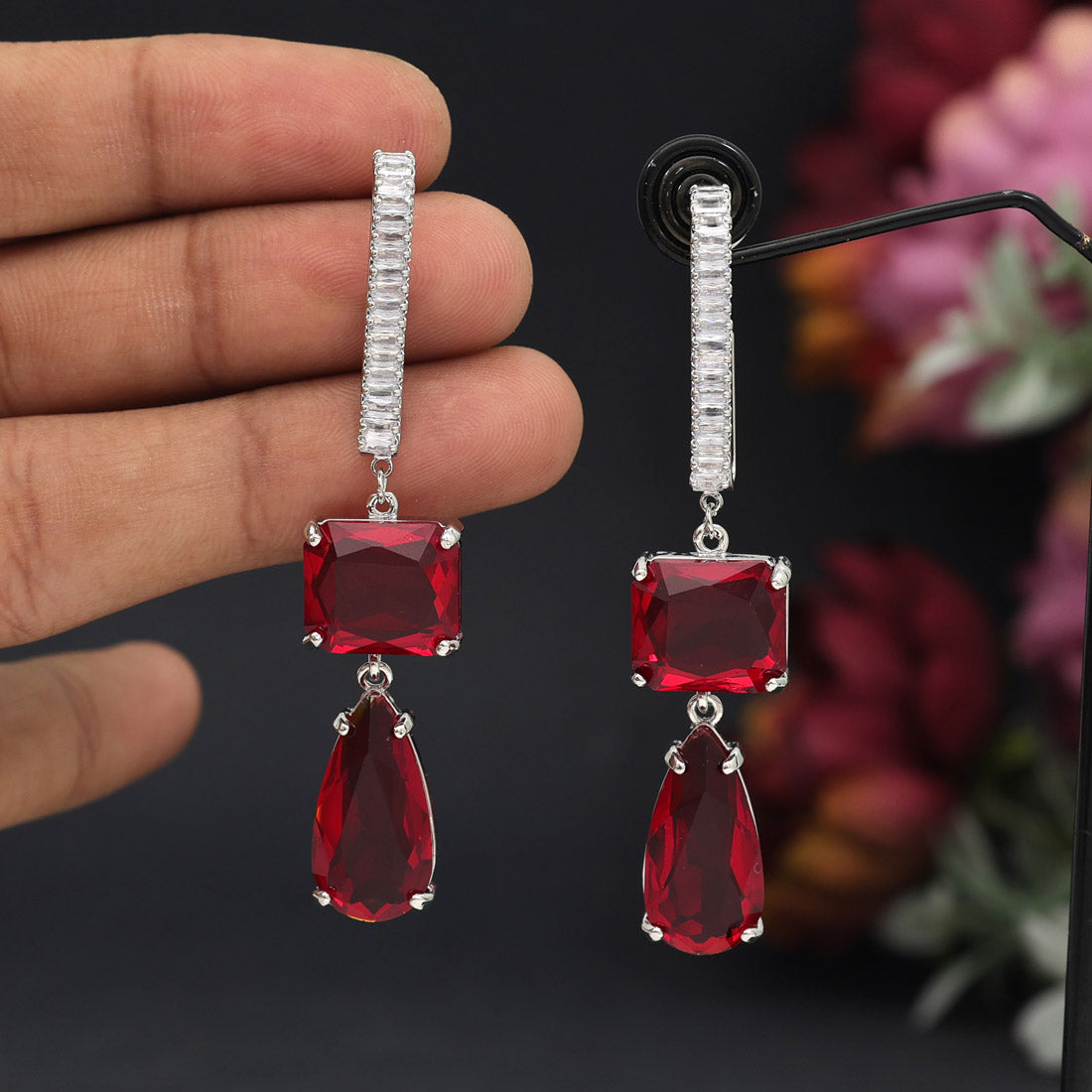 Red Color American Diamond Earrings (ADE594RED)