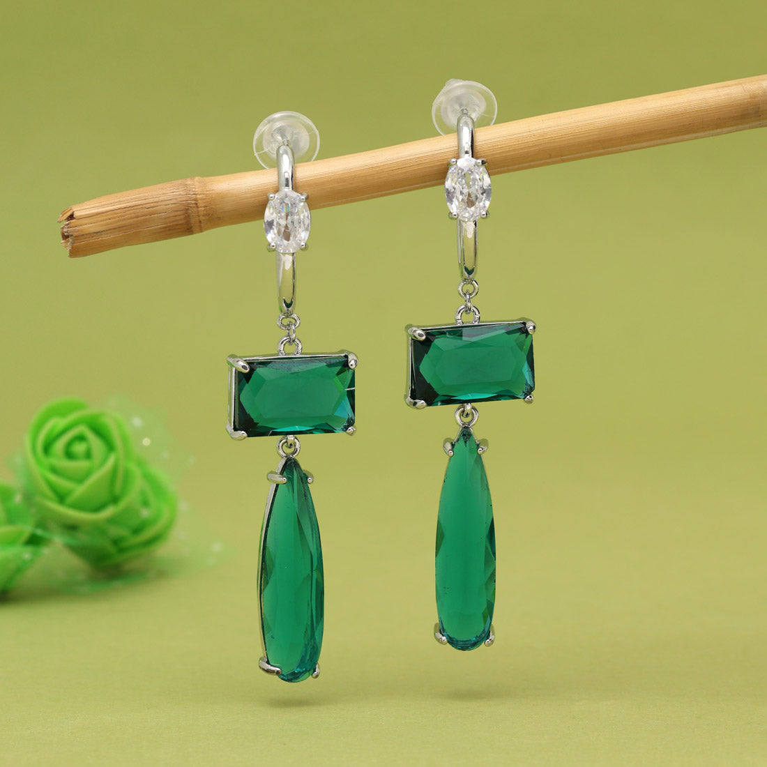Green Color American Diamond Earrings (ADE599GRN)