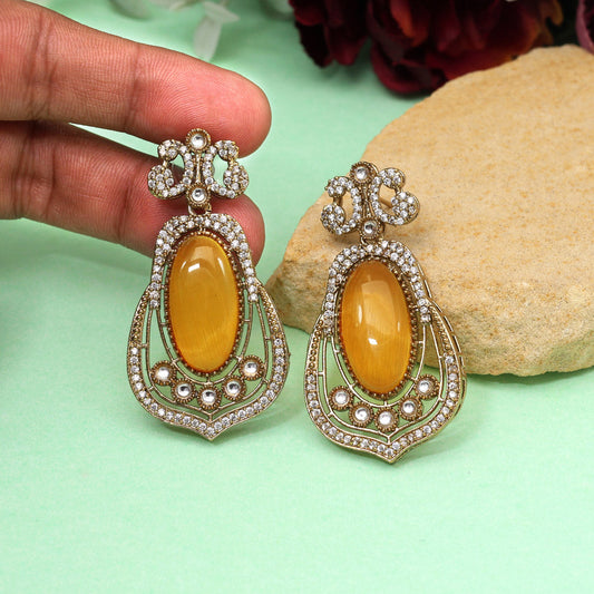 Mustard Yellow Color Royal Look Handmade Jaipur Earrings On Brass Metal With American Diamond And Monalisa Stones Studded On Apala Polish (ADE613MYLW)