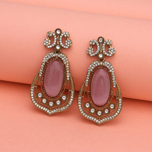 Pink Color Royal Look Handmade Jaipur Earrings On Brass Metal With American Diamond And Monalisa Stones Studded On Apala Polish (ADE613PNK)