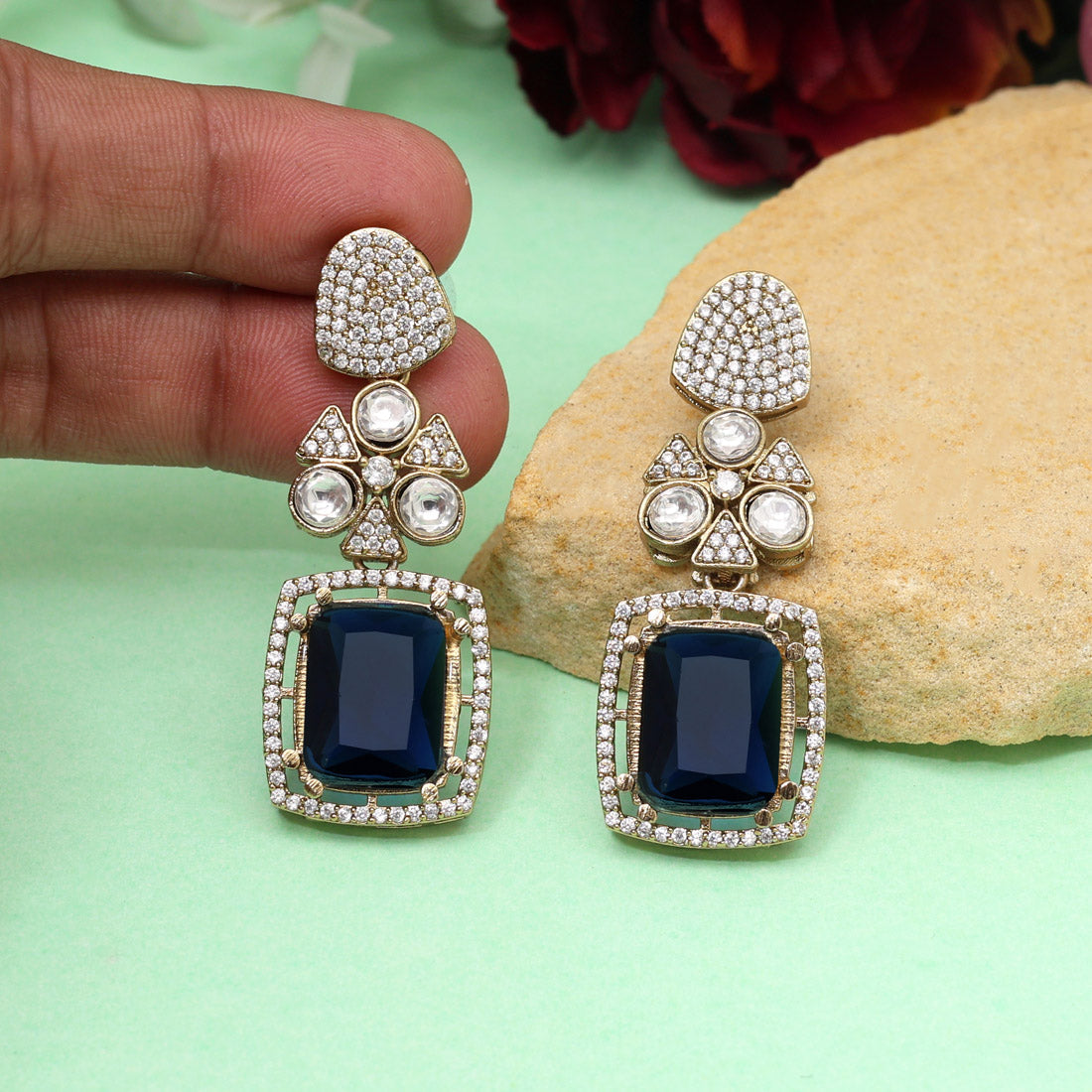 Blue Color Royal Look Handmade Jaipur Earrings On Brass Metal With American Diamond And Monalisa Stones Studded On Apala Polish (ADE614BLU)
