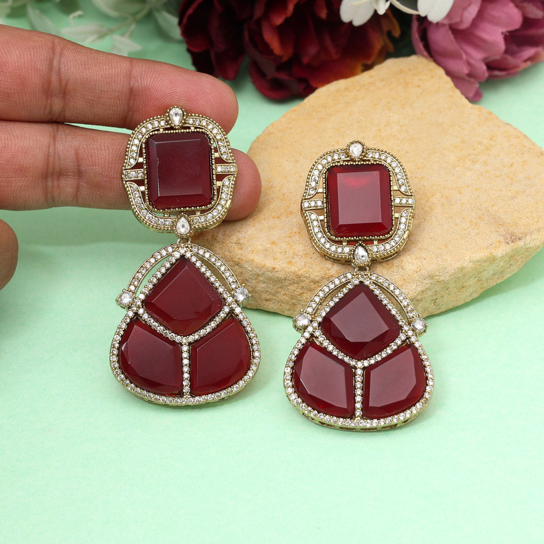 Maroon Color Royal Look Handmade Jaipur Earrings On Brass Metal With American Diamond And Monalisa Stones Studded On Apala Polish (ADE615MRN)