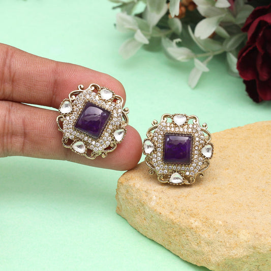 Purple Color Royal Look Handmade Jaipur Earrings On Brass Metal With American Diamond And Monalisa Stones Studded On Apala Polish (ADE618PRP)