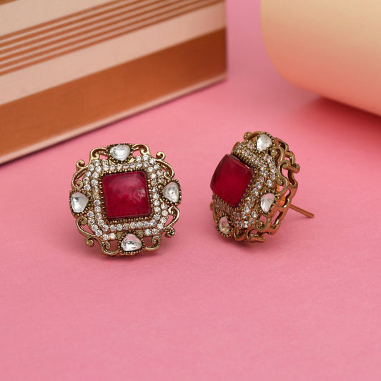Rani Color Royal Look Handmade Jaipur Earrings On Brass Metal With American Diamond And Monalisa Stones Studded On Apala Polish (ADE618RNI)