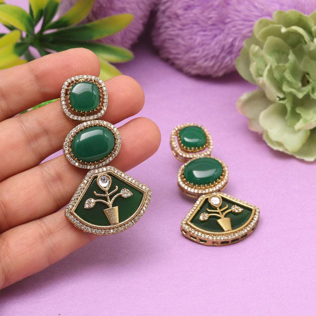 Green Color American Diamond Earrings