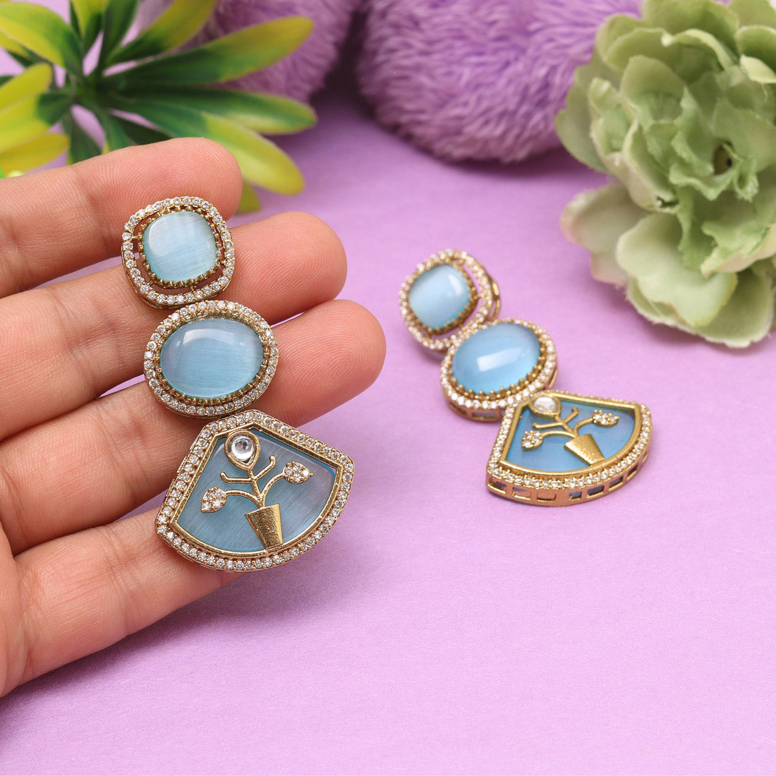 Sky Blue Color American Diamond Earrings