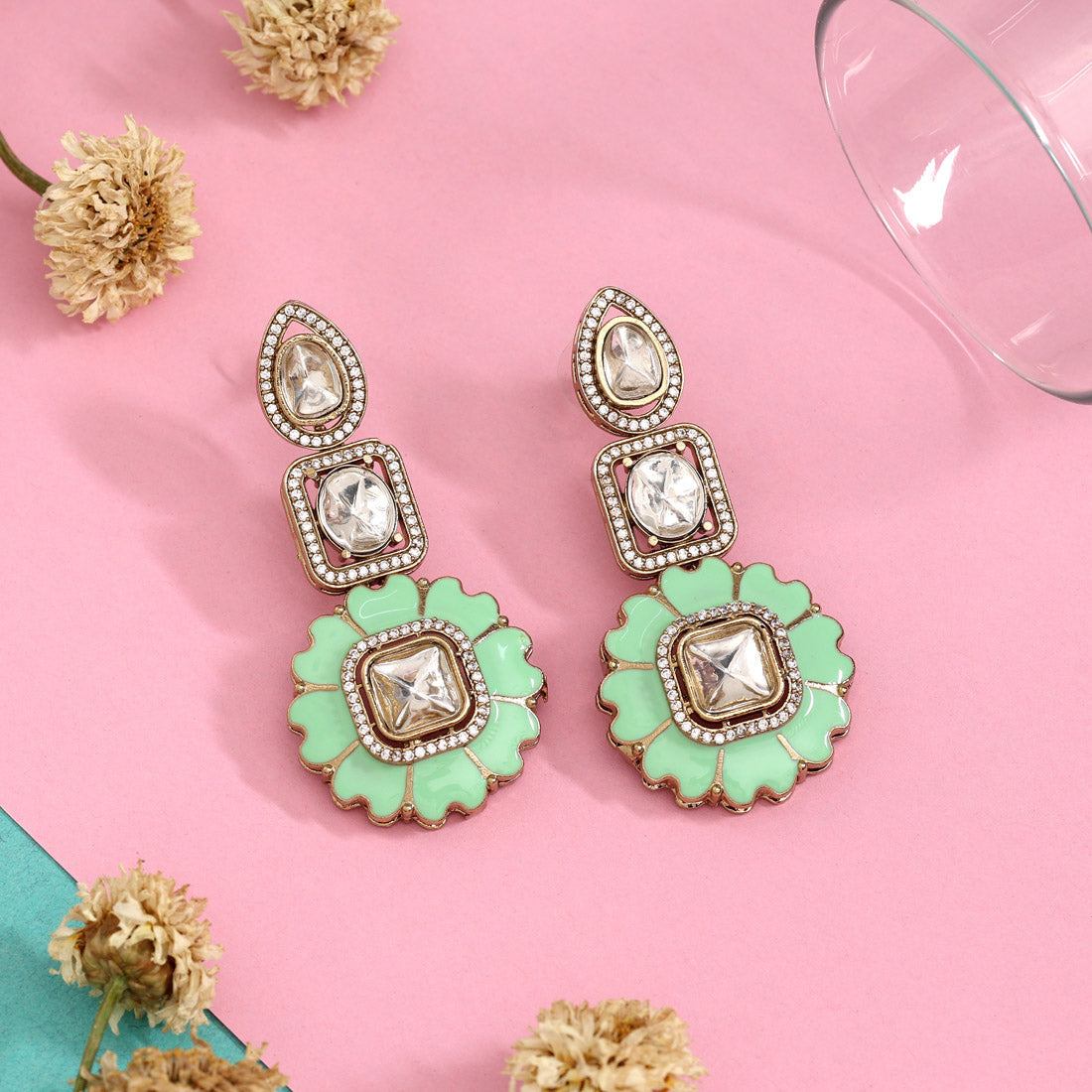 Parrot Green Color Meena Work American Diamond Earrings