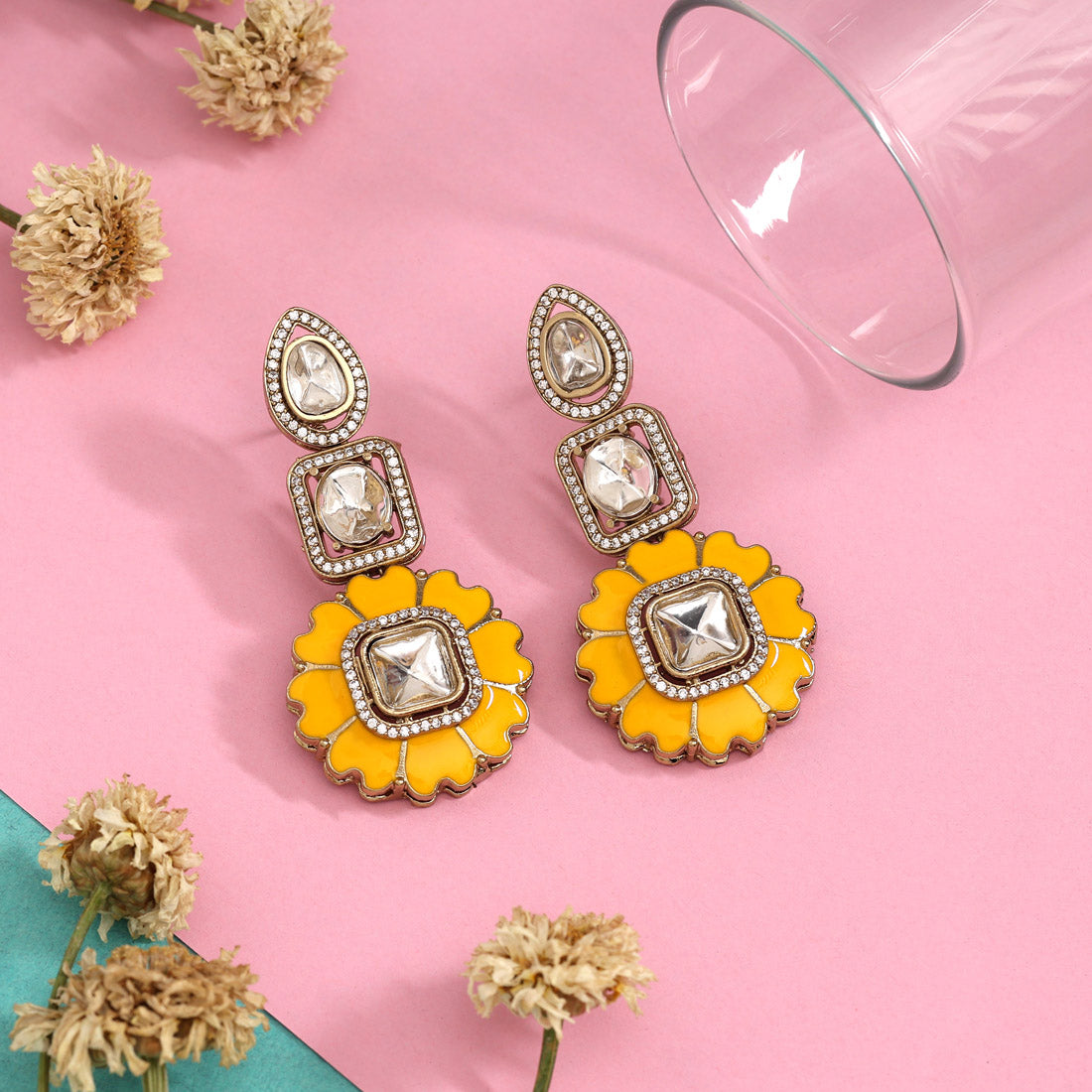 Yellow Color Meena Work American Diamond Earrings