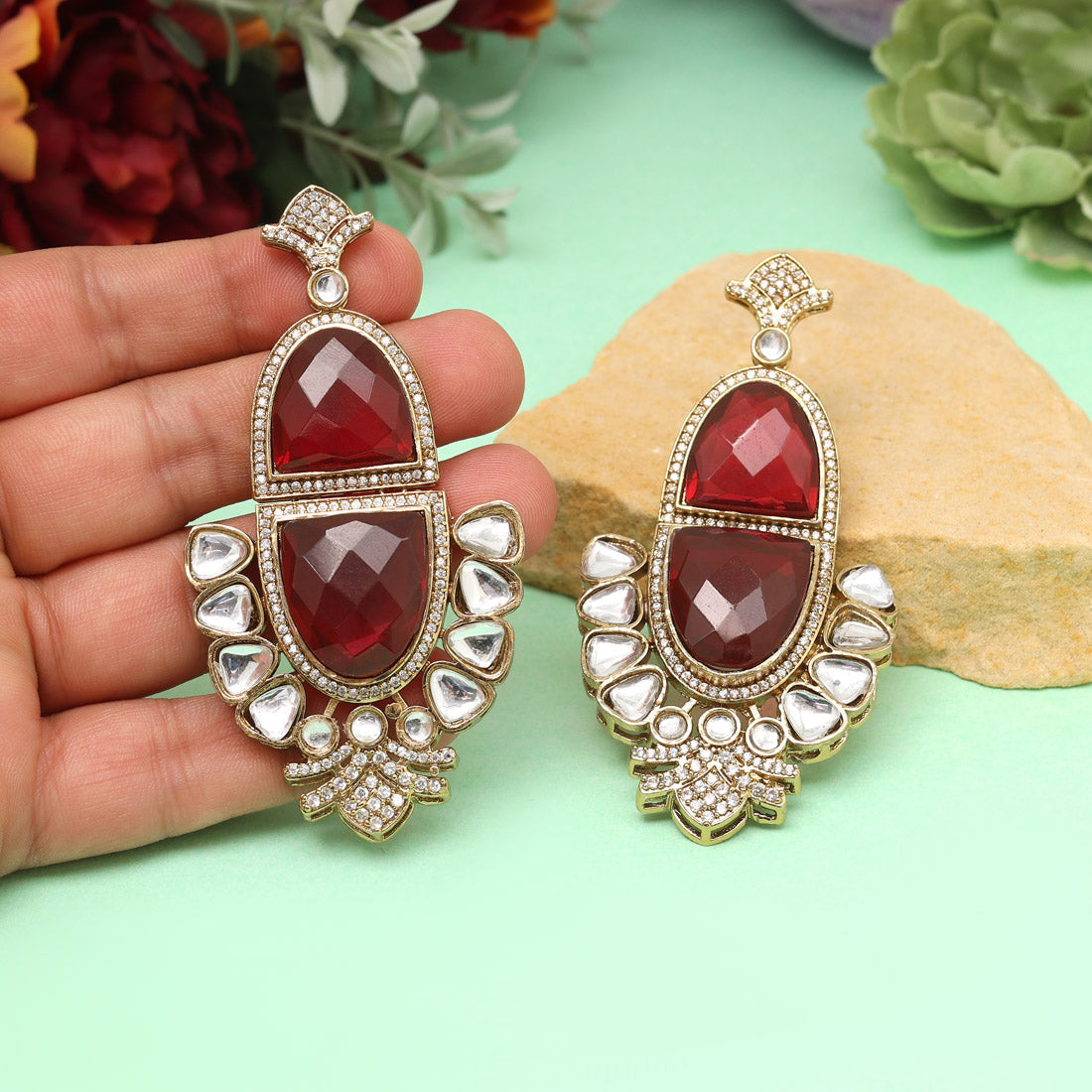 Red Color American Diamond Earrings