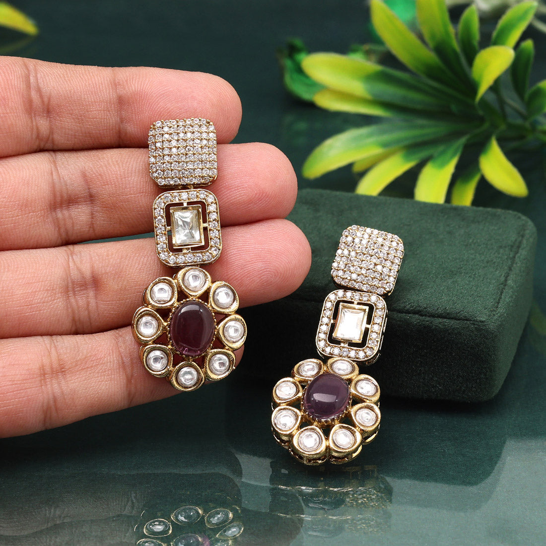 Royal Purple Color American Diamond Earrings For Majestic Party Moments