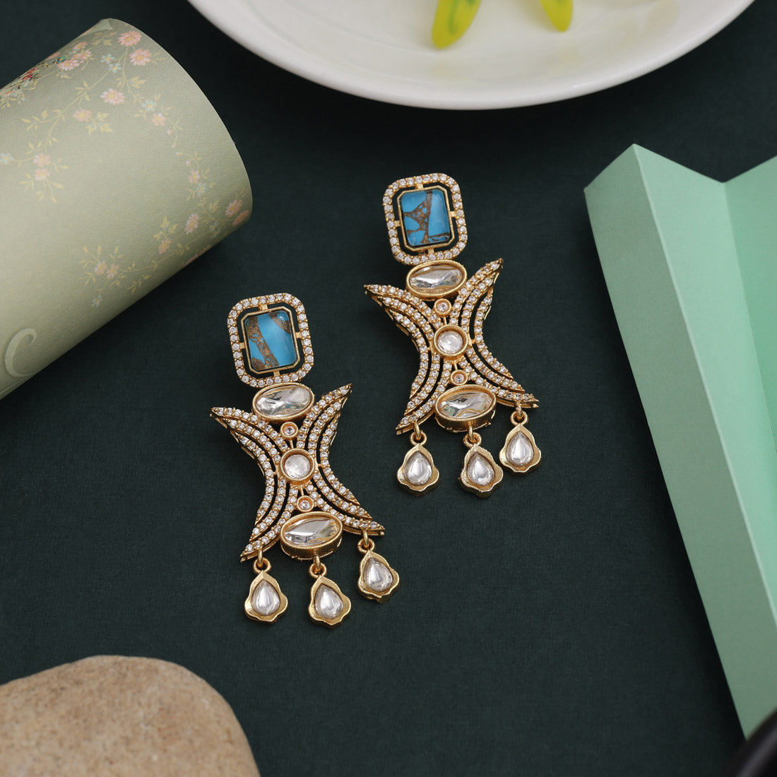 Stunning Firozi Color American Diamond Earrings For Eye-Catching Celebrations