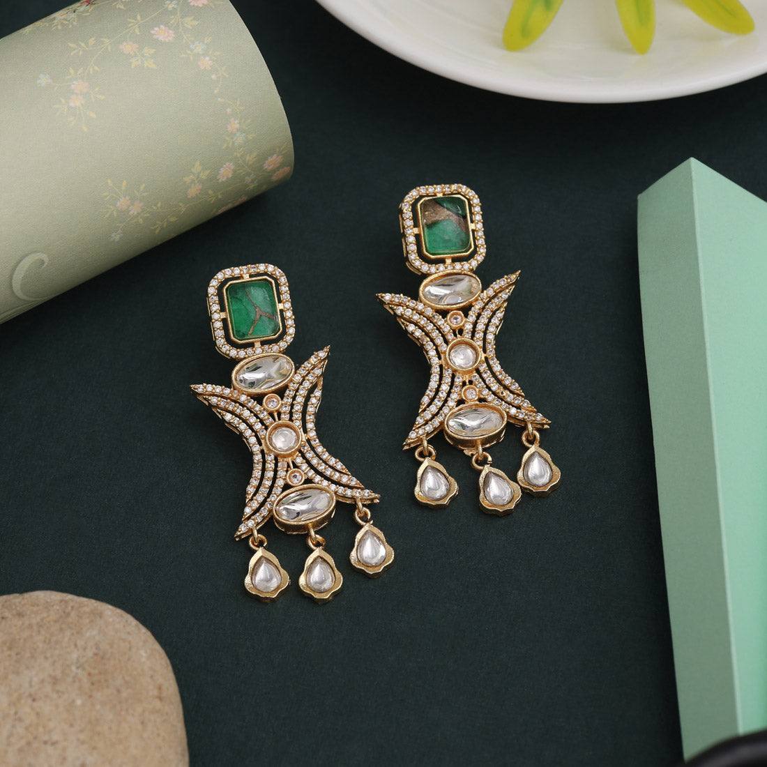 Graceful Green Color American Diamond Earrings With Subtle Elegant Sparkle