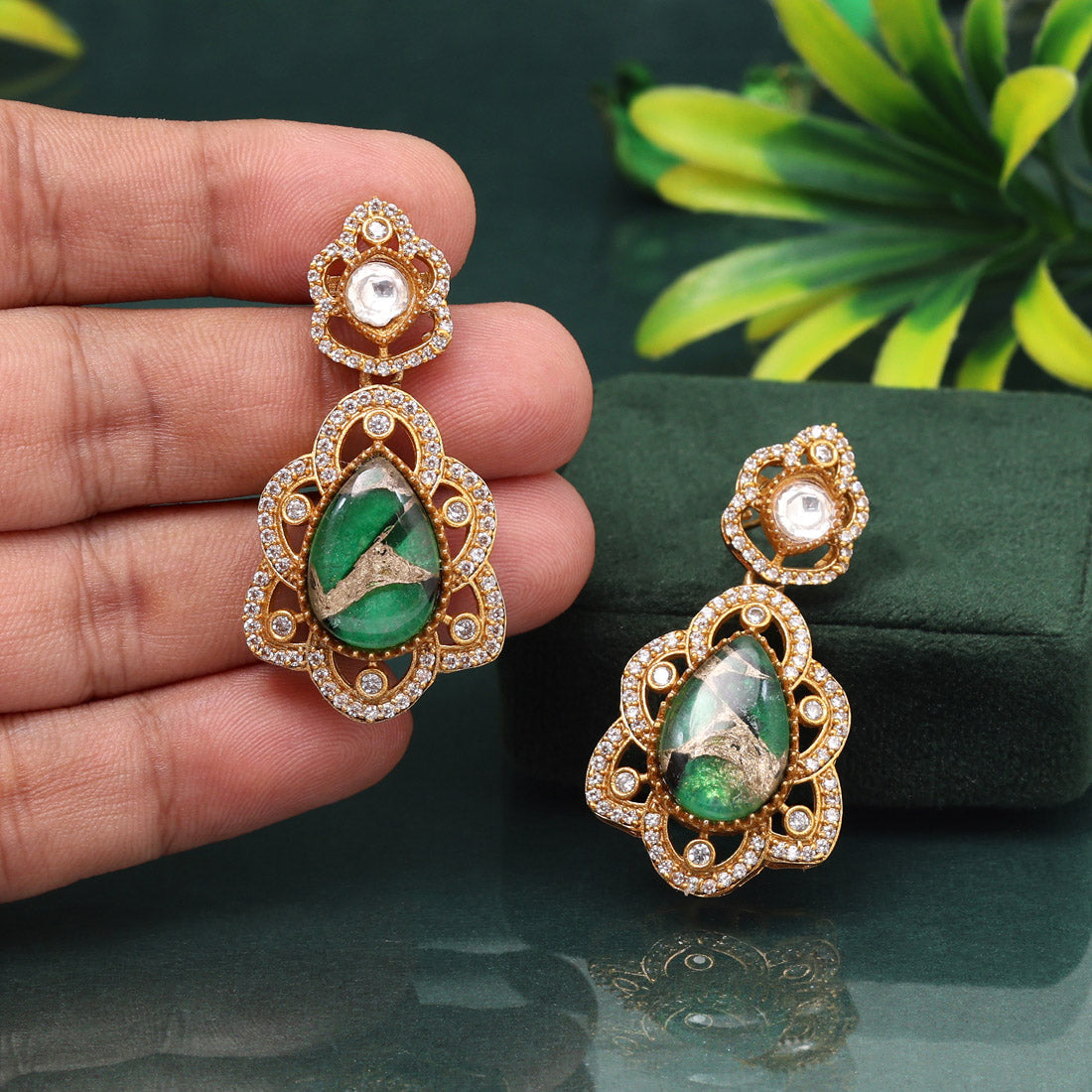 Shiny Green Color American Diamond Earrings For Timeless Ethnic Elegance