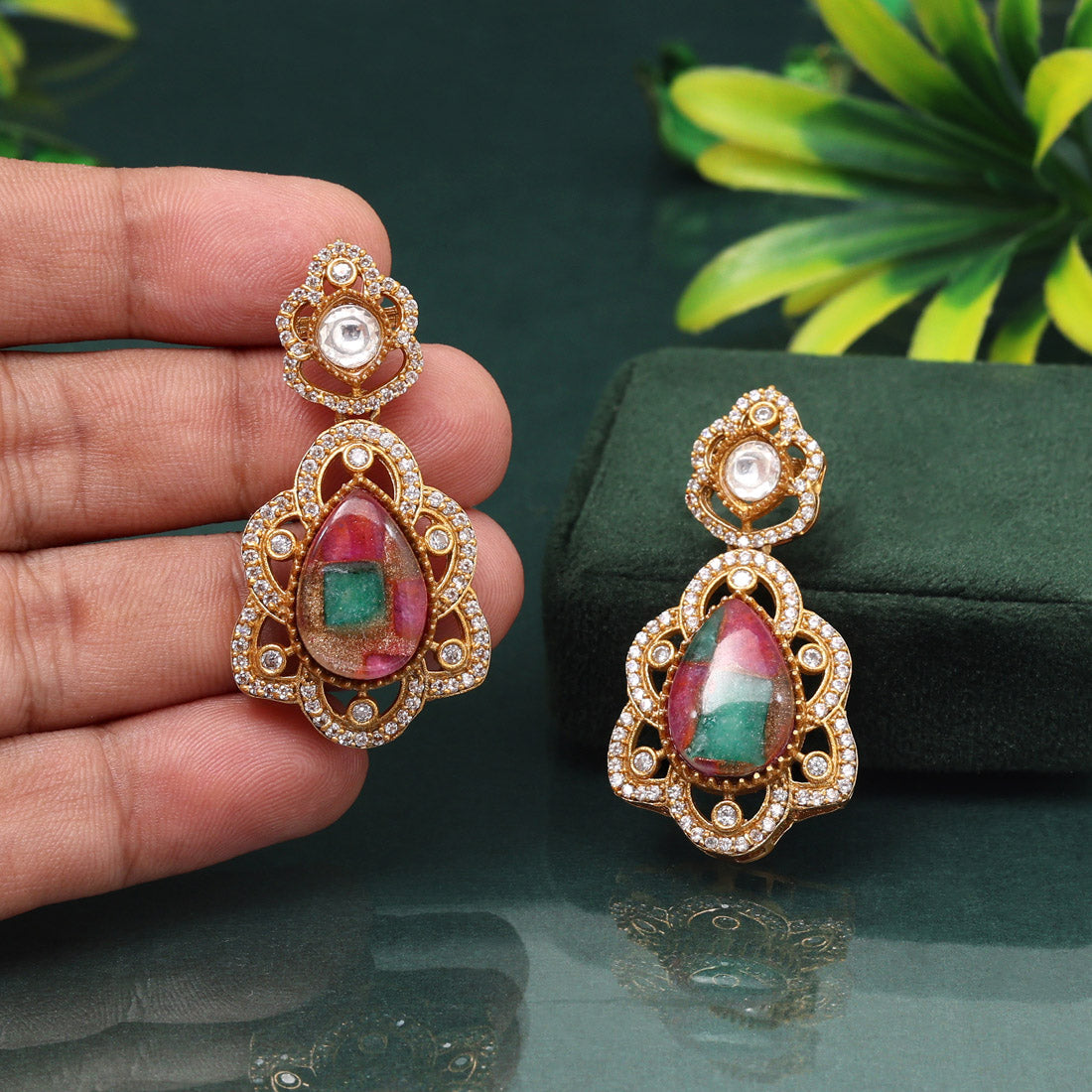 Dual Rani & Green Color American Diamond Earrings For Cultural Radiance