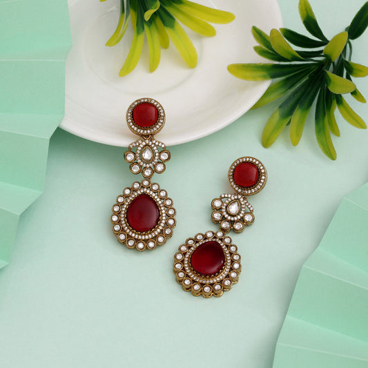 Rich Maroon Color American Diamond Earrings With Traditional Bridal Touch