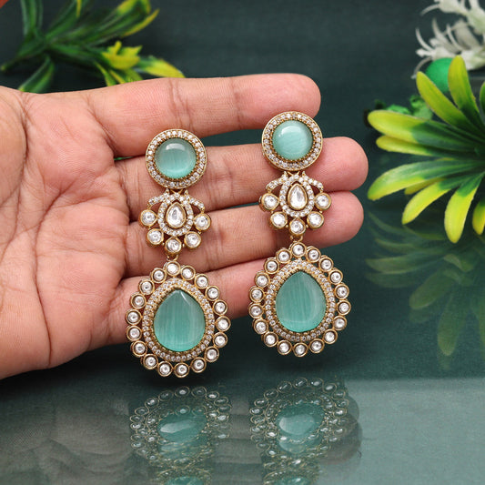 Soft Pista Green Color American Diamond Earrings For Cool Spring Outfits