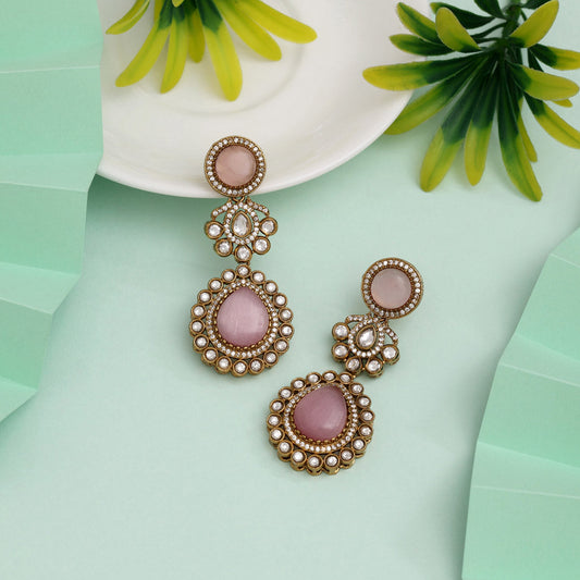 Delicate Pink Color American Diamond Earrings For Feminine Ethnic Wear