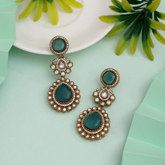 Unique Rama Green Color American Diamond Earrings For Traditional Celebrations