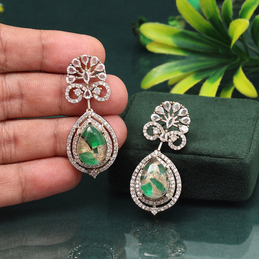 Ethnic Green Color American Diamond Earrings For Traditional Family Gatherings