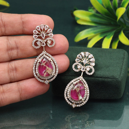 Lovely Rani Color American Diamond Earrings For Cultural Function Looks