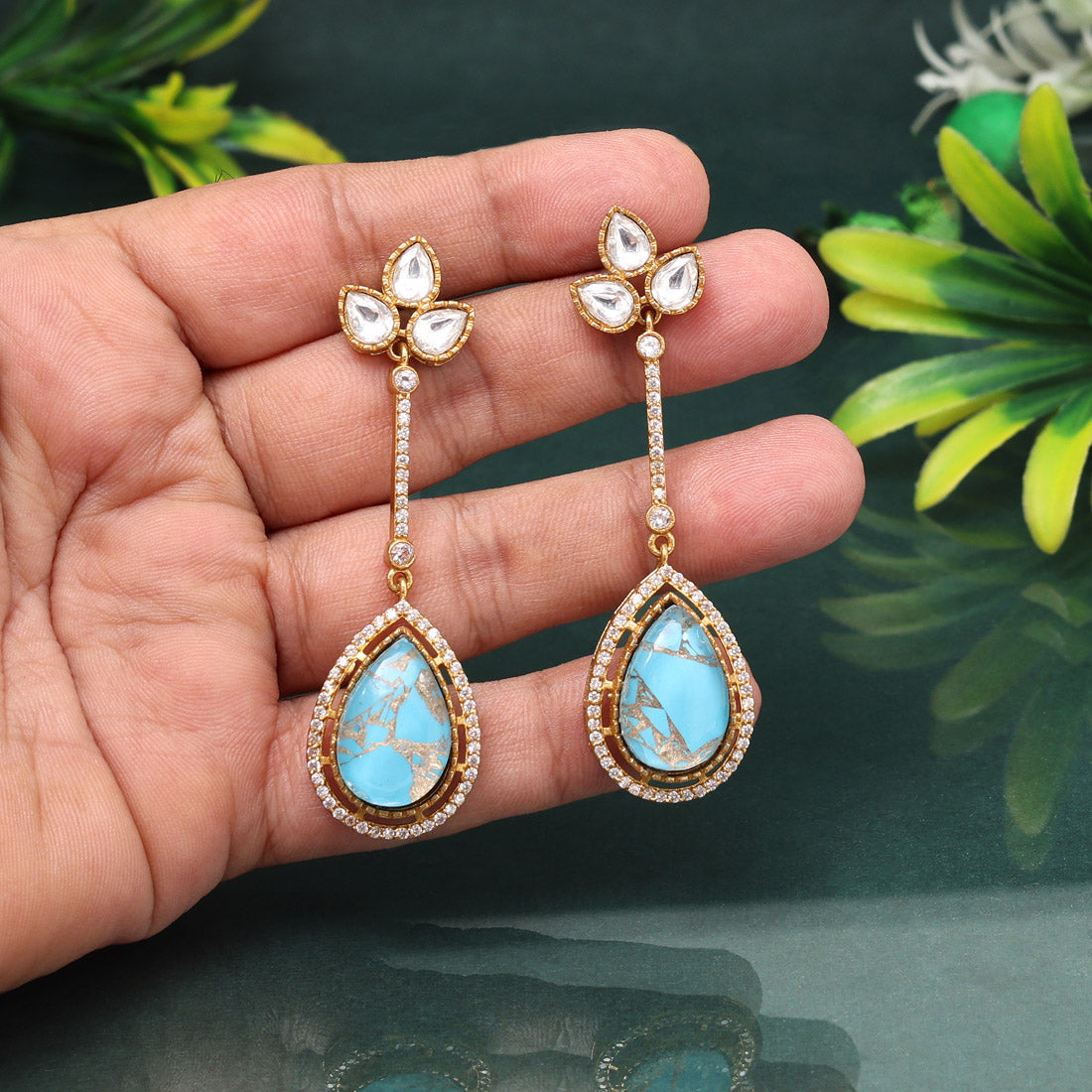 Eye-Catching Firozi Color American Diamond Earrings With Sparkling Details