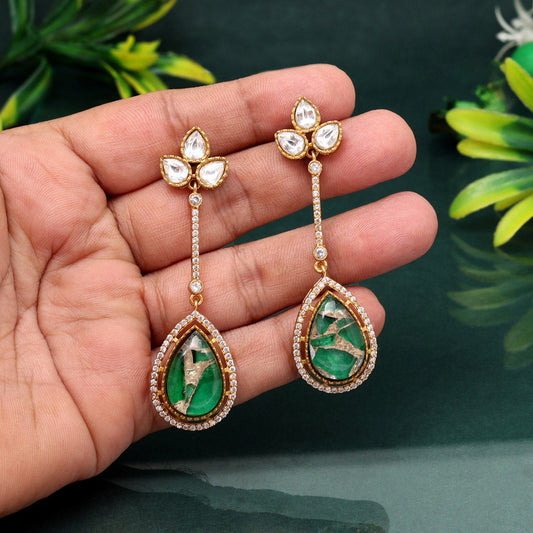 Traditional Green Color American Diamond Earrings For Cultural Dress Styles