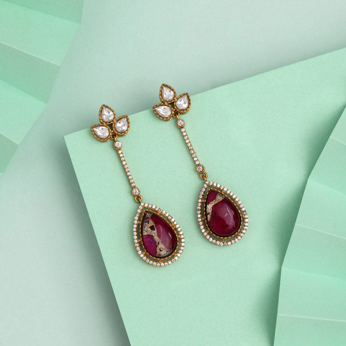 Stylish Rani Color American Diamond Earrings For Wedding Guest Glamour
