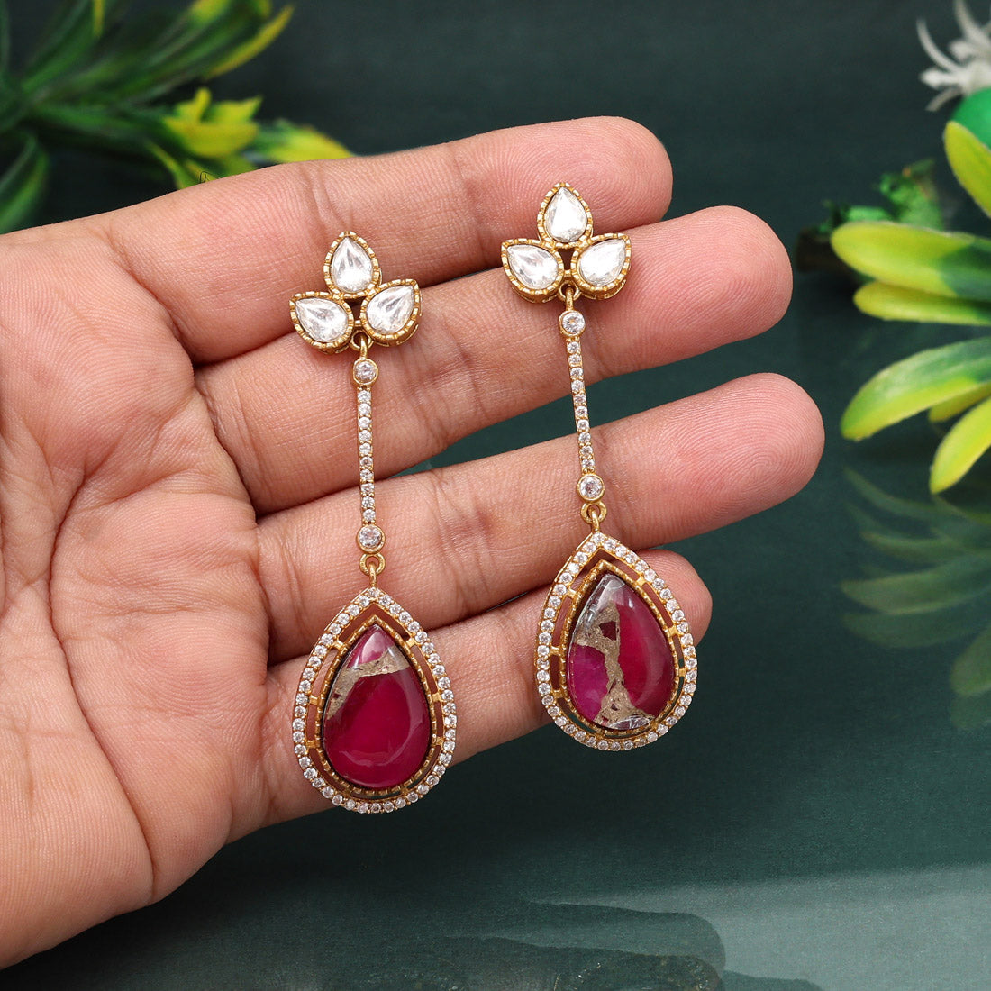 Stylish Rani Color American Diamond Earrings For Wedding Guest Glamour
