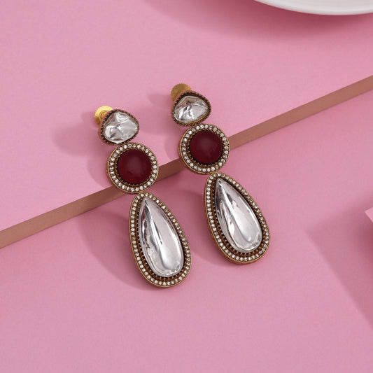 Royal Maroon Color American Diamond Earrings With Traditional Ethnic Finish