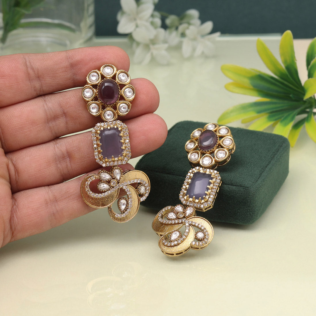 Shimmering Purple Color American Diamond Earrings For A Royal Look