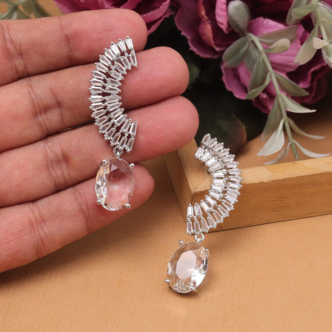 Silver Color American Diamond Earrings For Elegant Party Wear Dressing