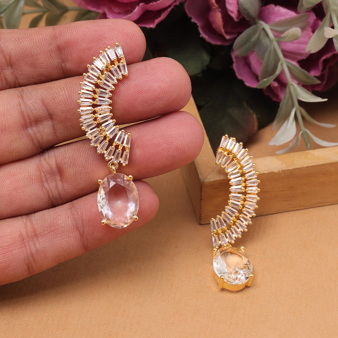 White Color American Diamond Earrings With Glamorous Sparkle For Events