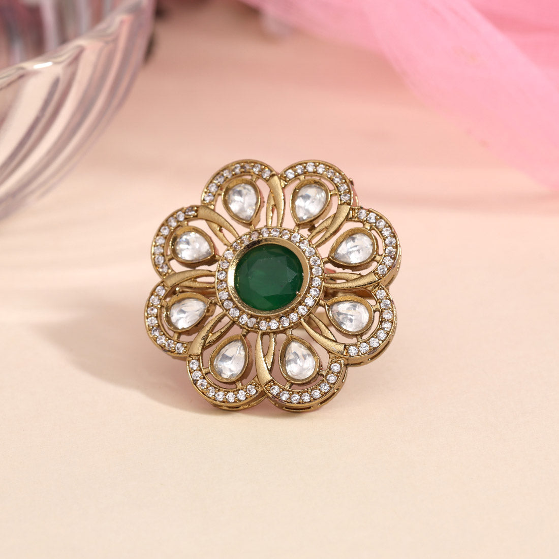 Green Color American Diamond Finger Ring (ADR618GRN)