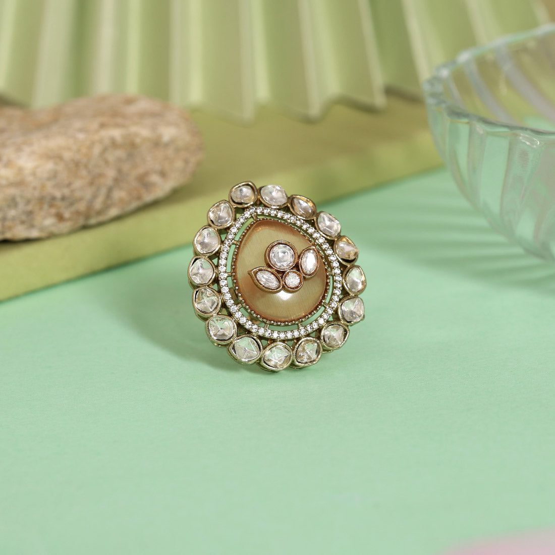 Peach Color Handmade Premium Quality Brass Metal Moissanite Stone Jaipur Finger Rings (ADR622PCH)