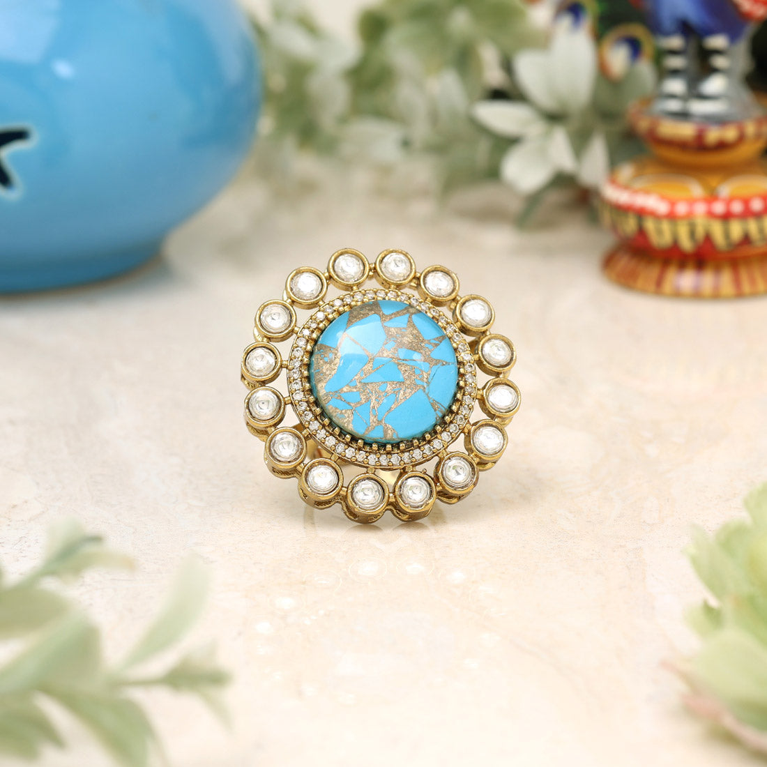 Firozi Color American Diamond Finger Ring