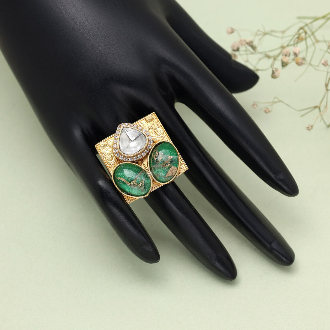 Green Color American Diamond Finger Ring