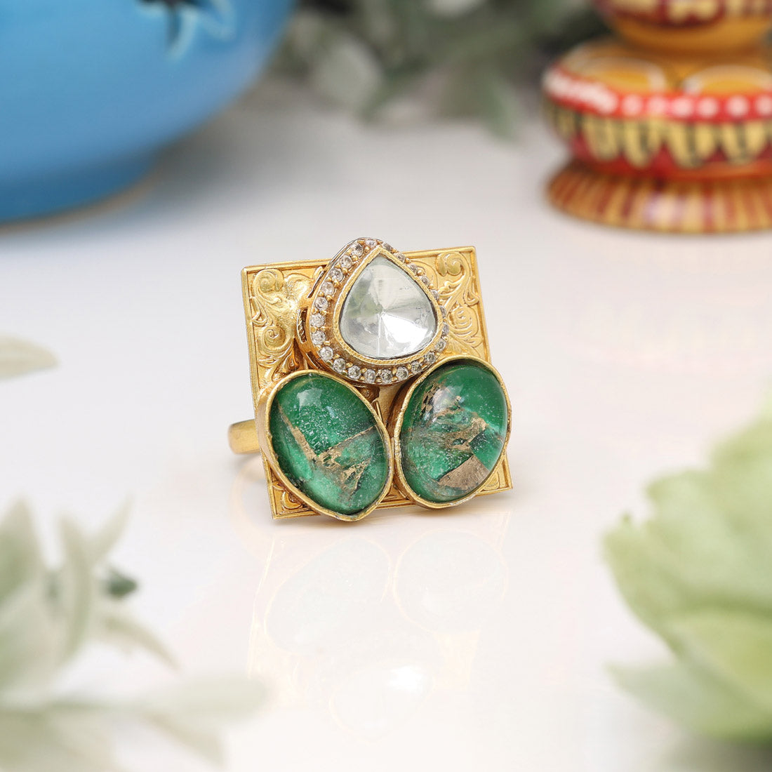 Green Color American Diamond Finger Ring