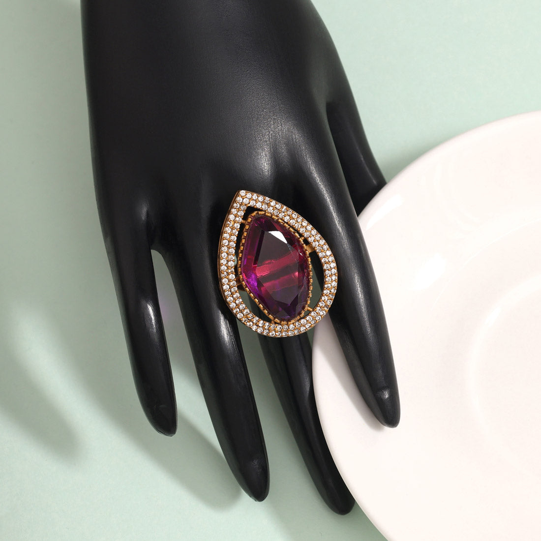 Elegant Magenta Color American Diamond Finger Ring With Sparkling Detailing