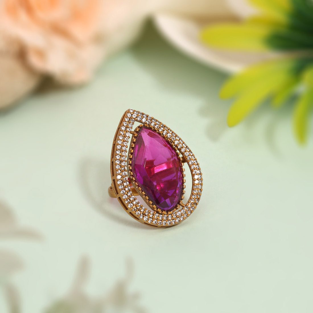 Elegant Magenta Color American Diamond Finger Ring With Sparkling Detailing