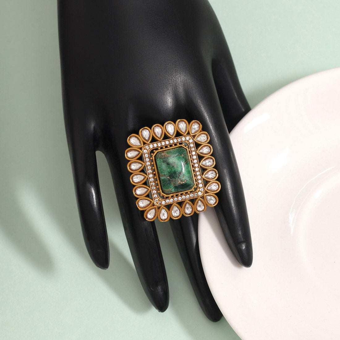 Fresh Green Color American Diamond Finger Ring With Intricate Stone Setting