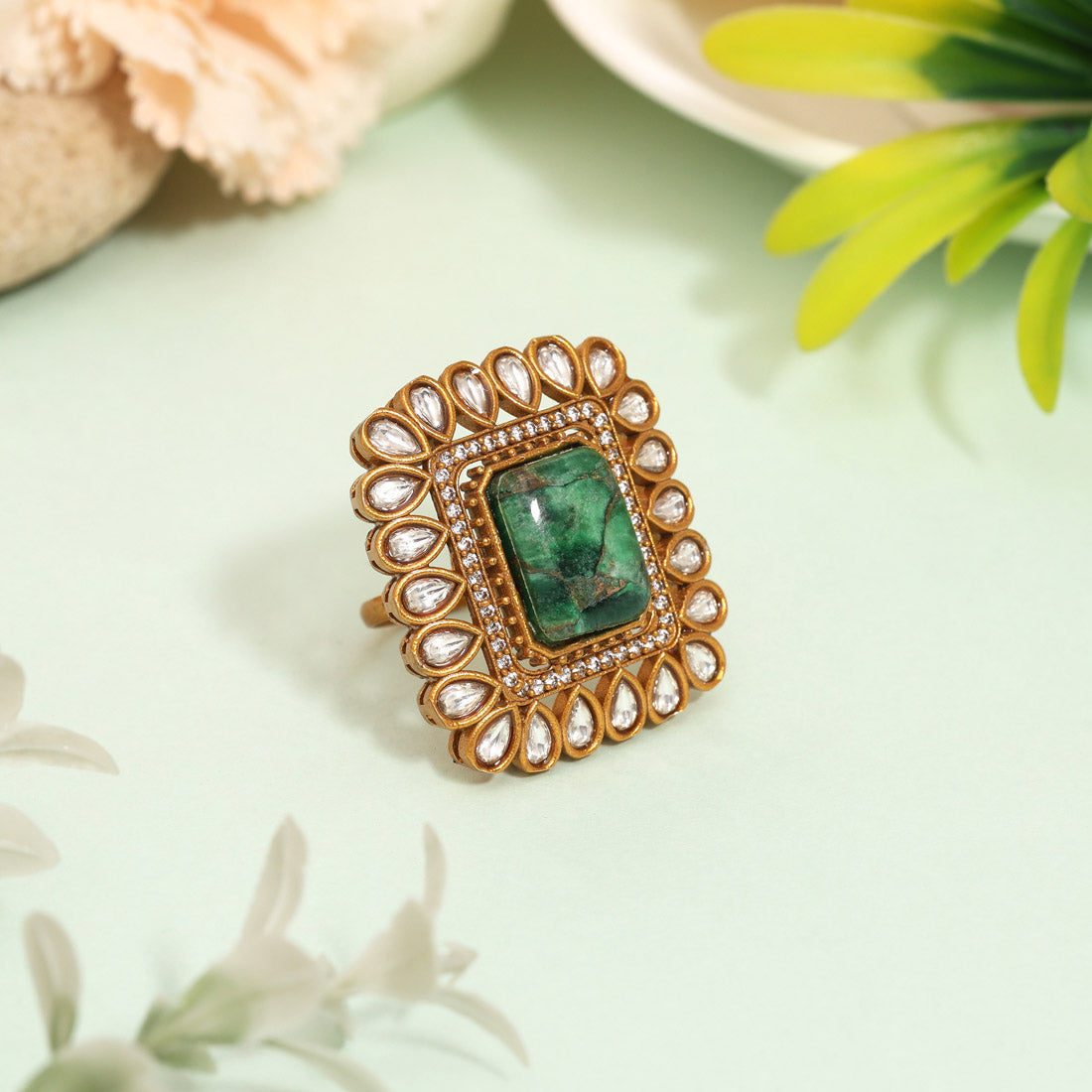 Fresh Green Color American Diamond Finger Ring With Intricate Stone Setting