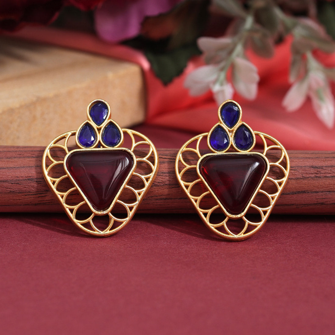 Maroon & Blue Color Amrapali Earrings (AMPE407MRNBLU)